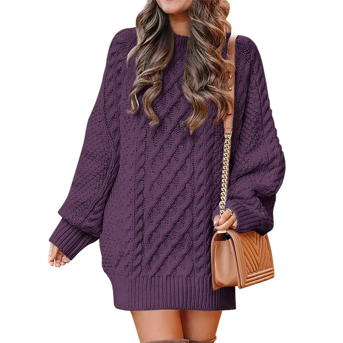 Knitted cable-pattern dress for women - oversized knit mini dress with long sleeves