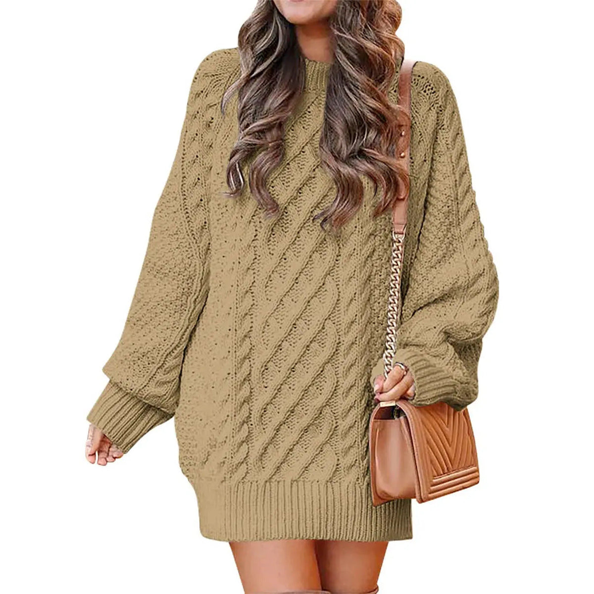 Knitted cable-pattern dress for women - oversized knit mini dress with long sleeves