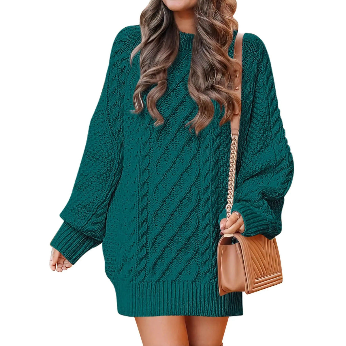 Knitted cable-pattern dress for women - oversized knit mini dress with long sleeves