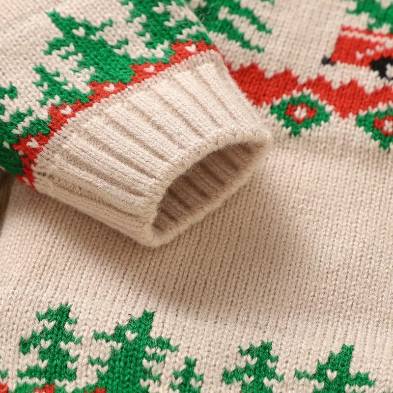Weihnachtspullover für Jungen – Strickpullover in Khaki mit Rentier und Weihnachtsbaum