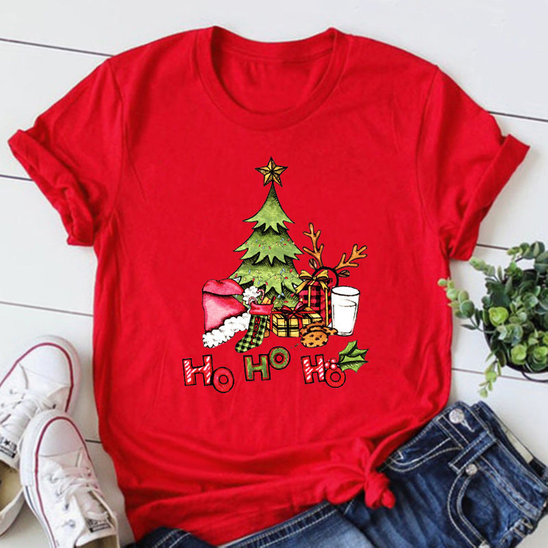 T-shirt de Noël avec sapin pour femme - T-shirt festif à manches courtes avec motif « Ho Ho Ho »