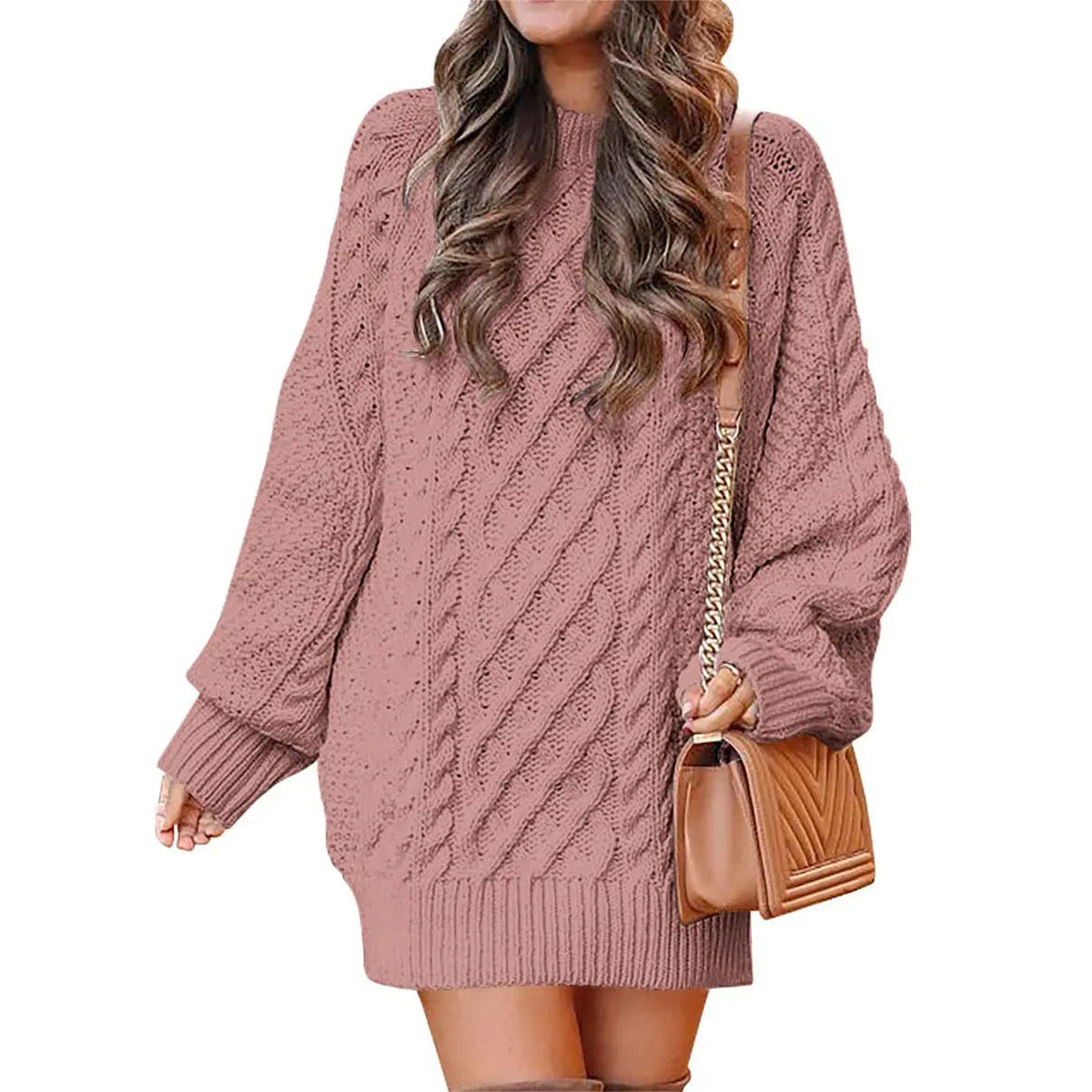Knitted cable-pattern dress for women - oversized knit mini dress with long sleeves