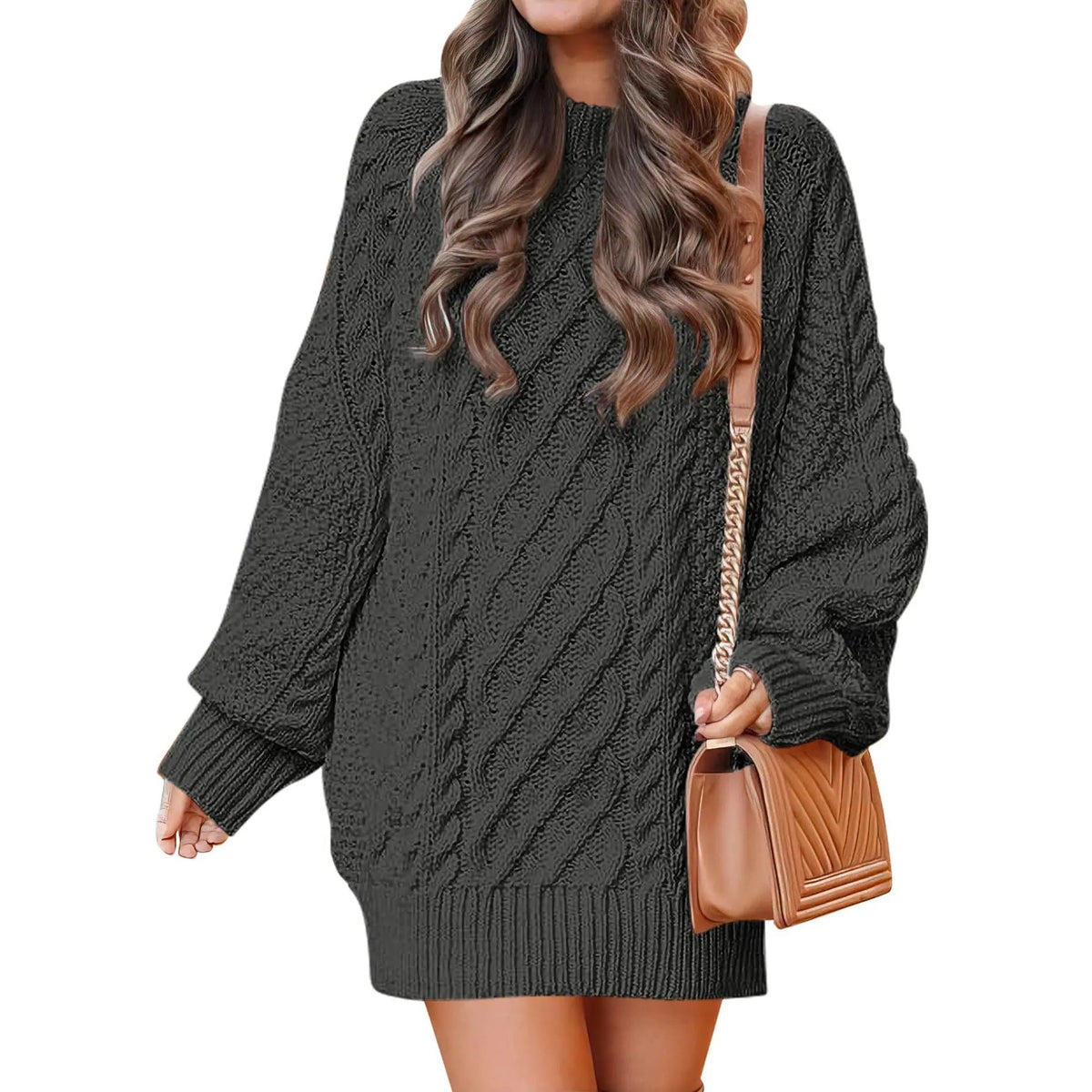 Knitted cable-pattern dress for women - oversized knit mini dress with long sleeves