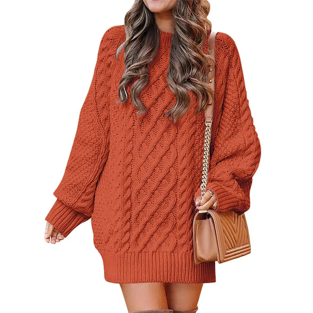 Knitted cable-pattern dress for women - oversized knit mini dress with long sleeves