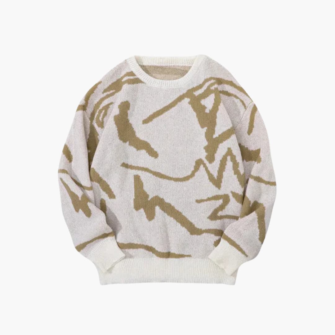 Beige og hvid striktrøje med abstrakt mønster, rund hals og lange ærmer. Moderne design, komfortabel og stilfuld til efterår og vinter.