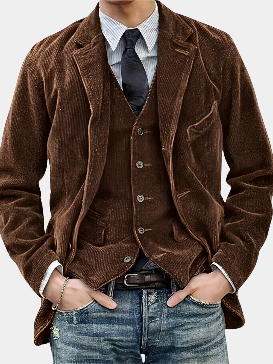 Brun fløjlsjakke til mænd med vest og slips, kombineret med stribede skjorte og slidte jeans. Stilfuldt herretøj, casual og elegant look.