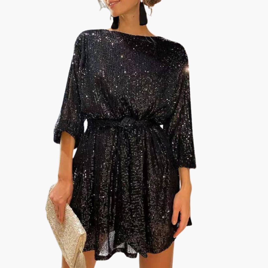 Women's cocktail dress with rhinestones | Christmas party dress with belt for formal evening events and festive holiday occasions