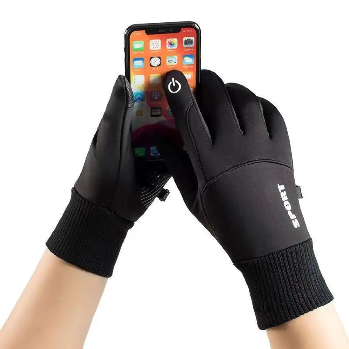 Sort touchscreen-handsker til vinterbrug, der betjener smartphone. Ideelle til udendørs aktiviteter, varme og funktionelle handsker til koldt vejr.