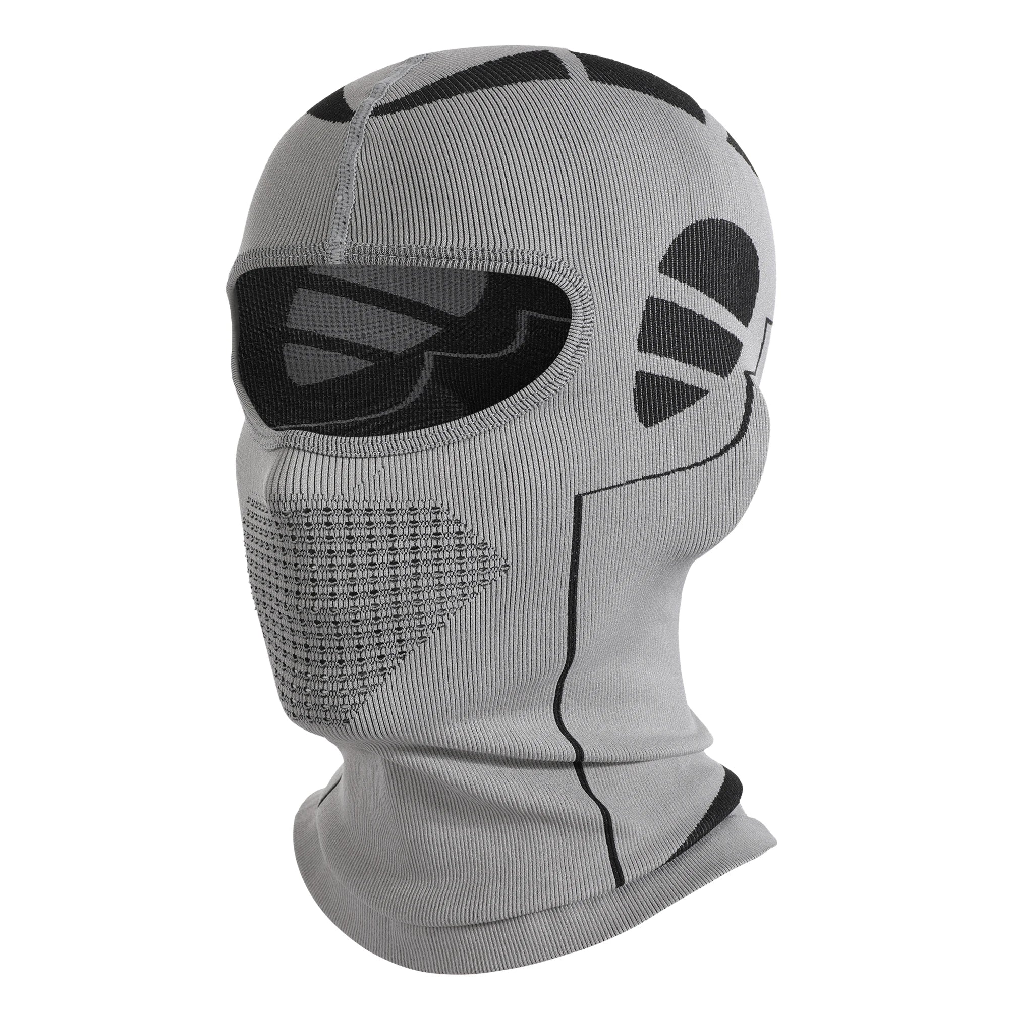 Grå balaclava med sorte detaljer, designet til udendørs sport og vinteraktiviteter. Åndbart materiale, ideel til cykling og ski.