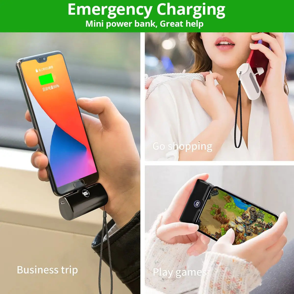 Mini powerbank til nødlading, ideel til rejser, shopping og spil. Kompakt design, nem at bære, hurtig opladning til smartphones.