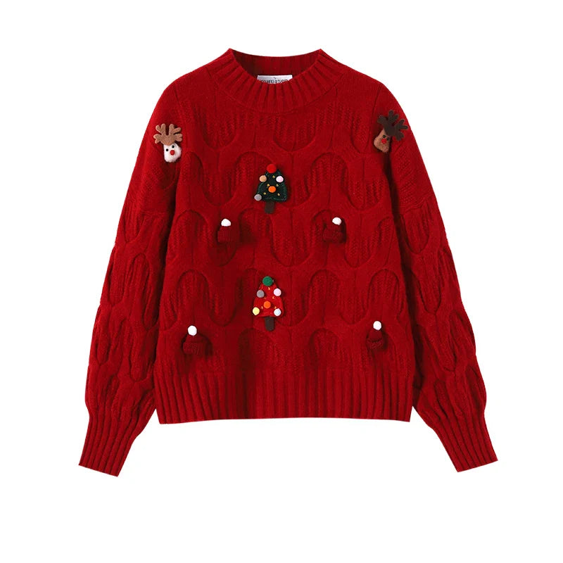 Rød julesweater med kabelstrik, dekoreret med juletræer og rensdyr. Perfekt til jul, varm og stilfuld. Ideel til vintermode og festlig påklædning.