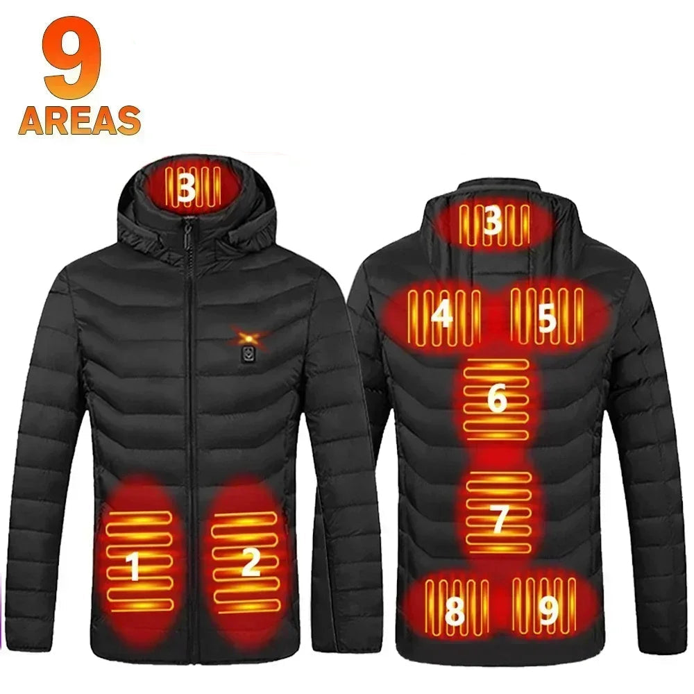 Sort opvarmet jakke med 9 varmezoner, herunder ryg, skuldre og talje. Perfekt til vinter, udendørsaktiviteter og koldt vejr. Justerbar varmeindstilling.