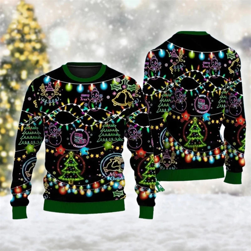 Julesweater med farverige lys, juletræer og klokker på sort baggrund, perfekt til festligheder. Baggrund med sne og juletræ.