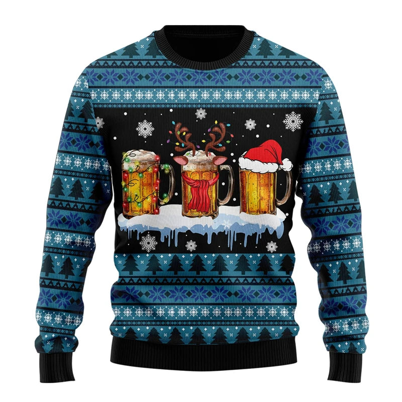 Julesweater med ølkrus-design, rensdyrgevir, nissehue og snefnug på blå baggrund. Perfekt til julefrokost og festlig påklædning.