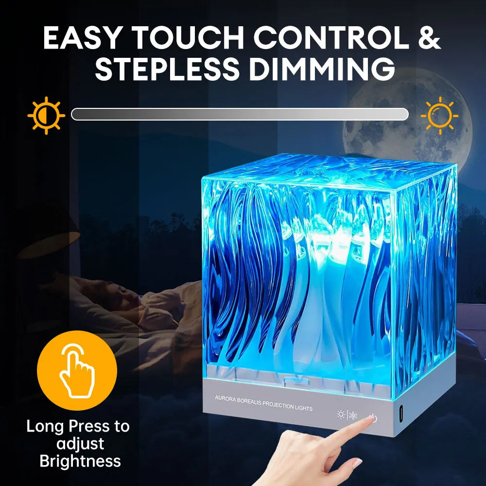Aurora borealis projektionslampe med nem touch-kontrol og trinløs dæmpning. Perfekt til stemningsbelysning i soveværelset.