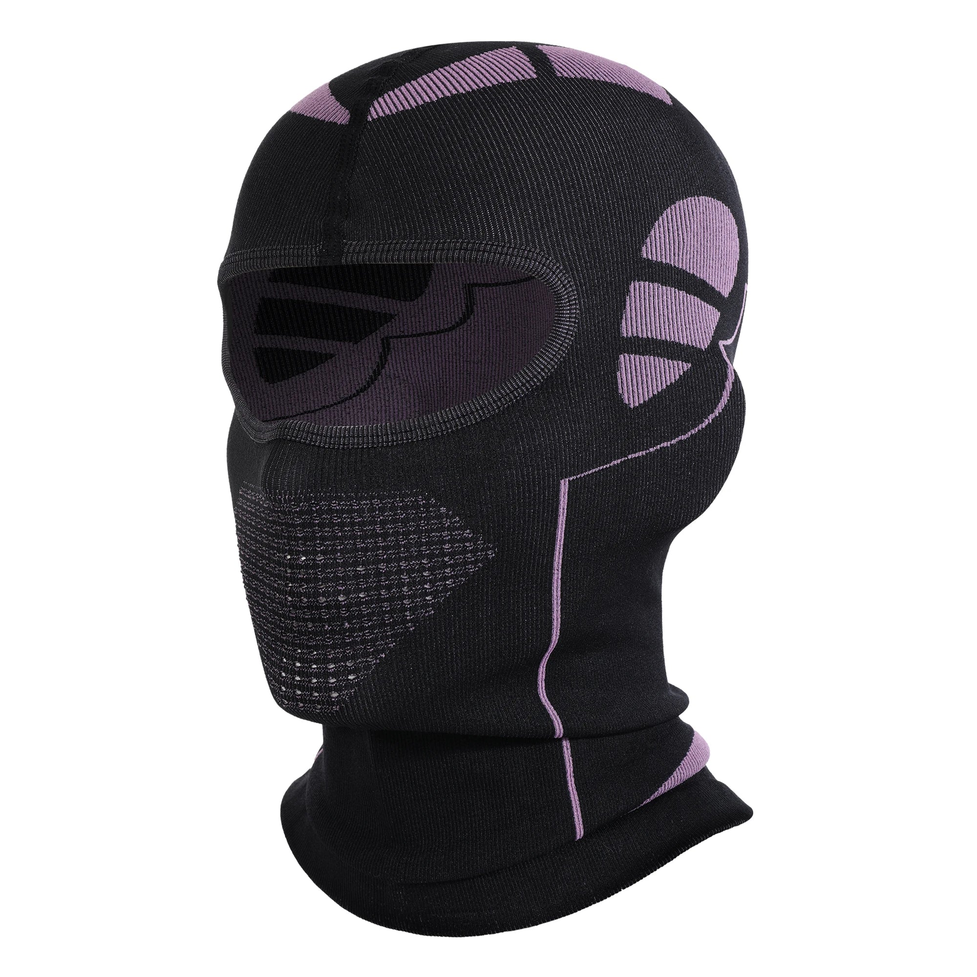 Sort balaclava med lilla mønster, designet til udendørs sport og vinteraktiviteter. Åndbart materiale, ideel til cykling og ski.