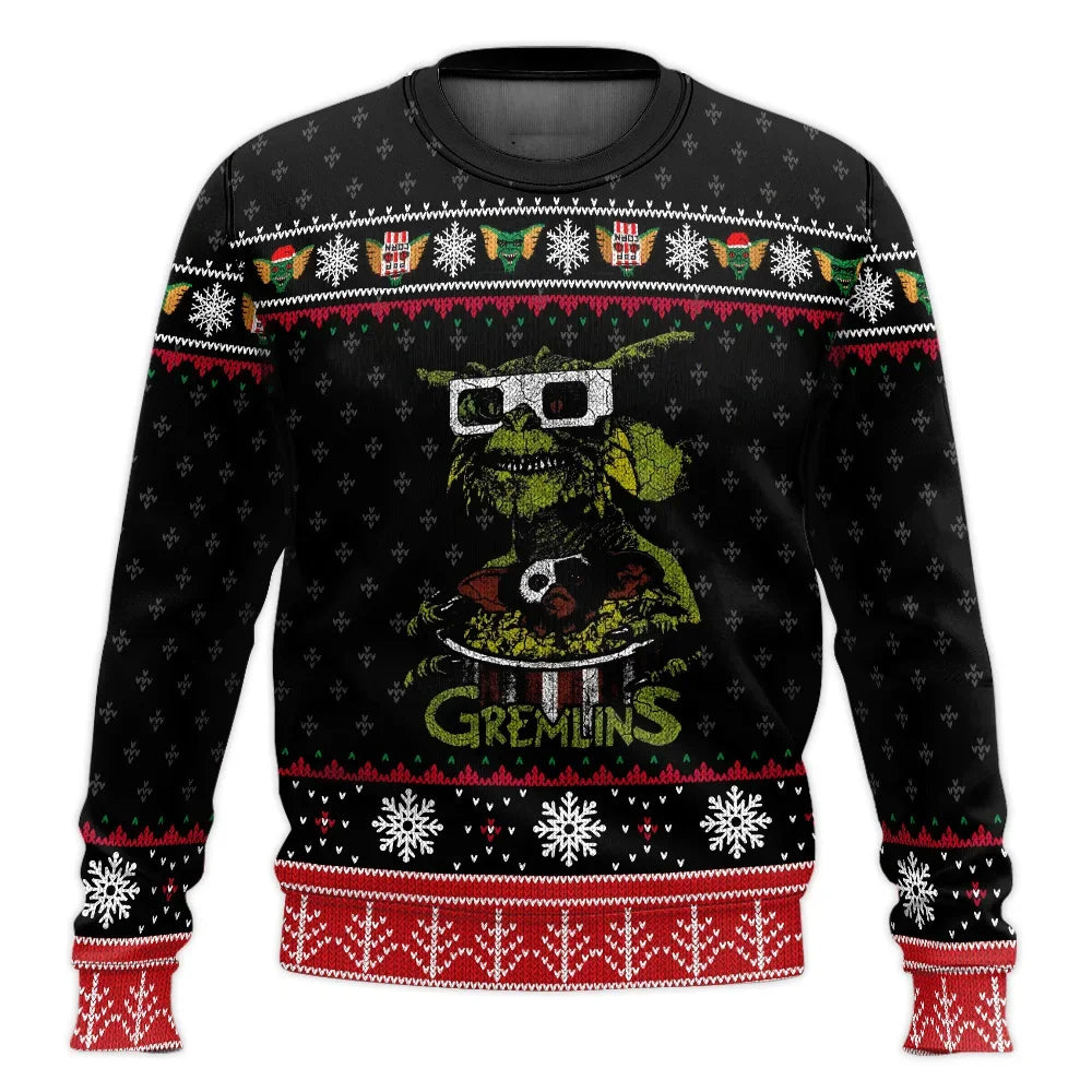 Sort juletrøje med Gremlins-motiv, snefnug og julemotiver. Perfekt til jul og filmfans. Komfortabel og stilfuld til vinterens festligheder.