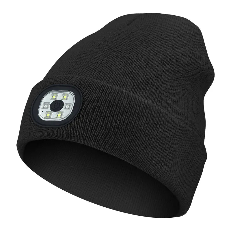 Sort hue med indbygget LED-lys, ideel til udendørs aktiviteter. Varm og praktisk hue med justerbart lys, perfekt til løb og camping i mørke.