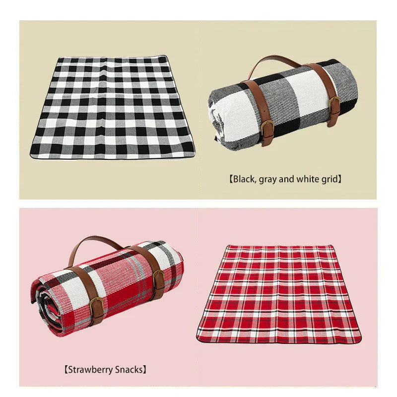 Sort, grå og hvid ternet picnic-tæppe og rød ternet picnic-tæppe med bærestropper. Perfekt til udendørs brug og picnic i parken.