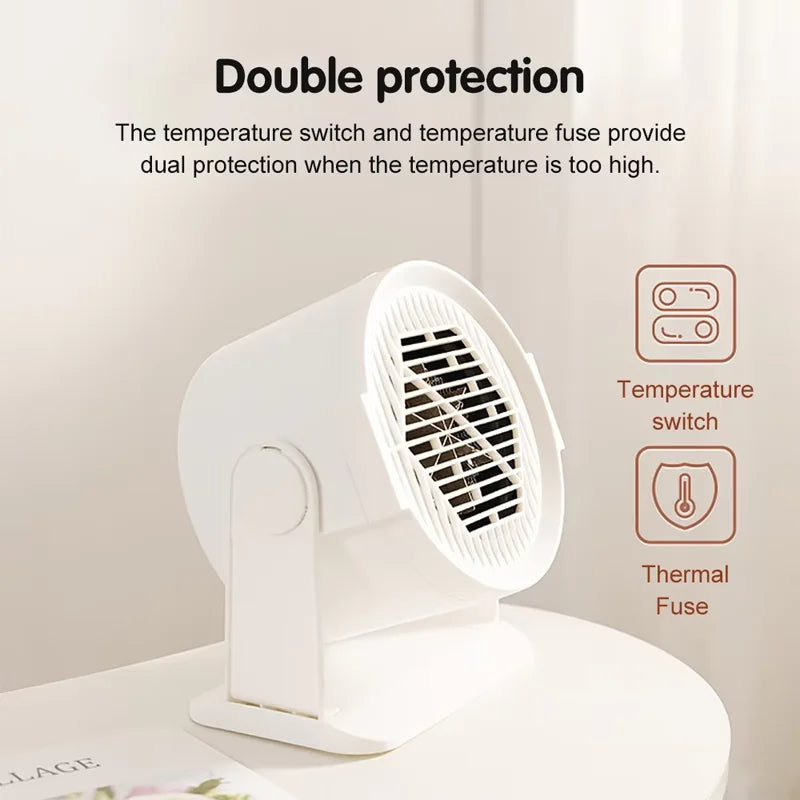 Hvid elektrisk varmeblæser med temperaturbeskyttelse, termisk sikring og temperaturkontakt, placeret på et bord. Ideel til sikker opvarmning.