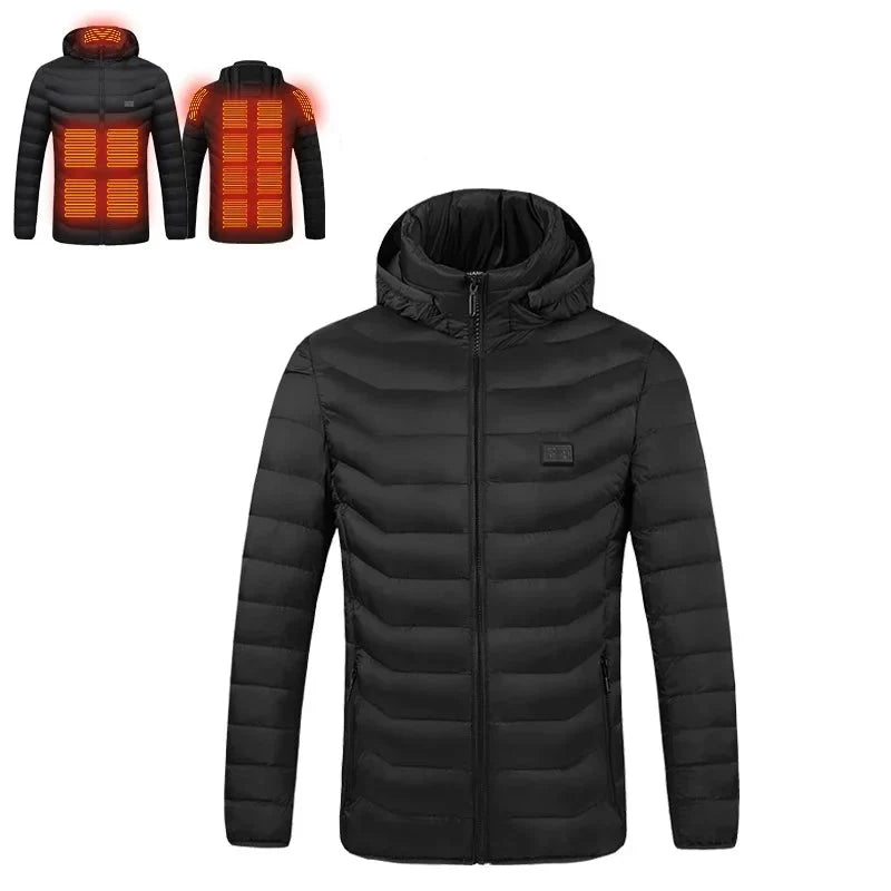 Sort opvarmet jakke med hætte, elektrisk varmefunktion, forside og bagside vises. Perfekt til vinter, udendørs aktiviteter, komfortabel og stilfuld.
