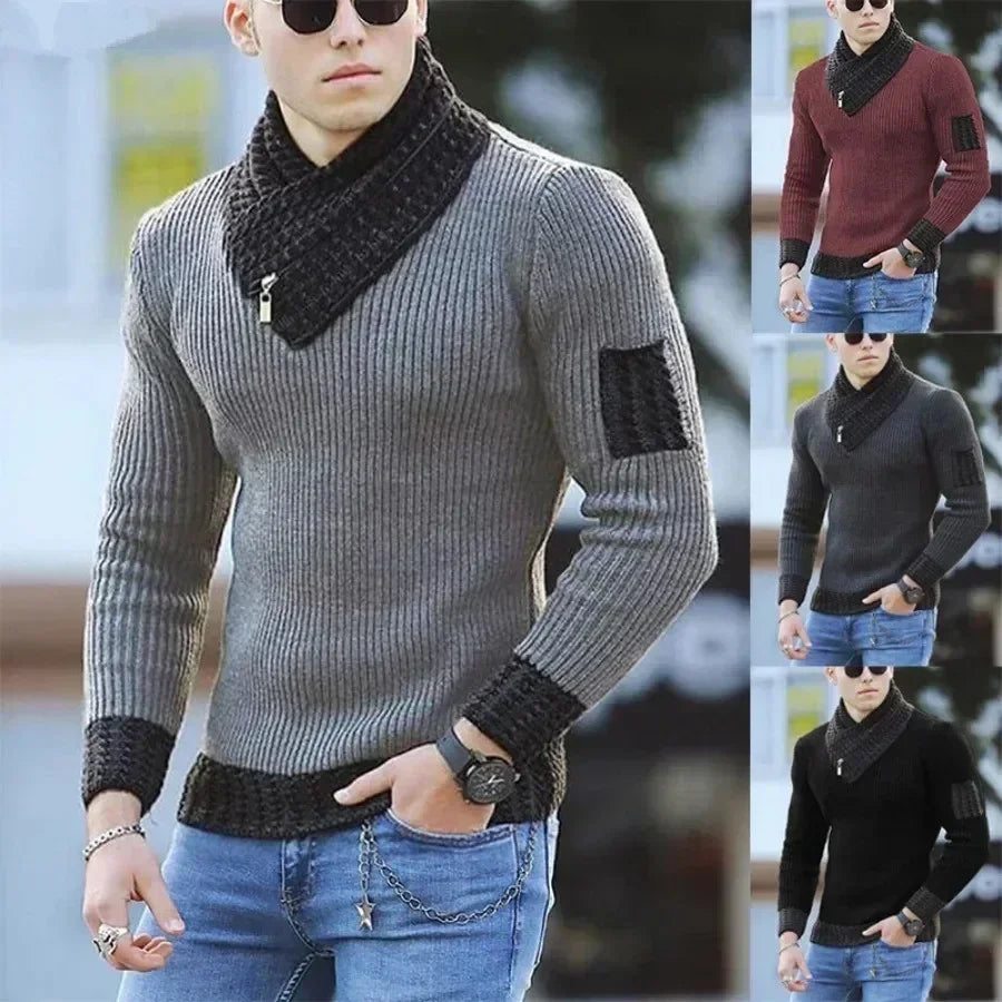 Mand iført grå striktrøje med sort krave og lynlåsdetalje, kombineret med blå jeans. Tre farvevarianter vises: grå, rød, sort. Trendy herremode.