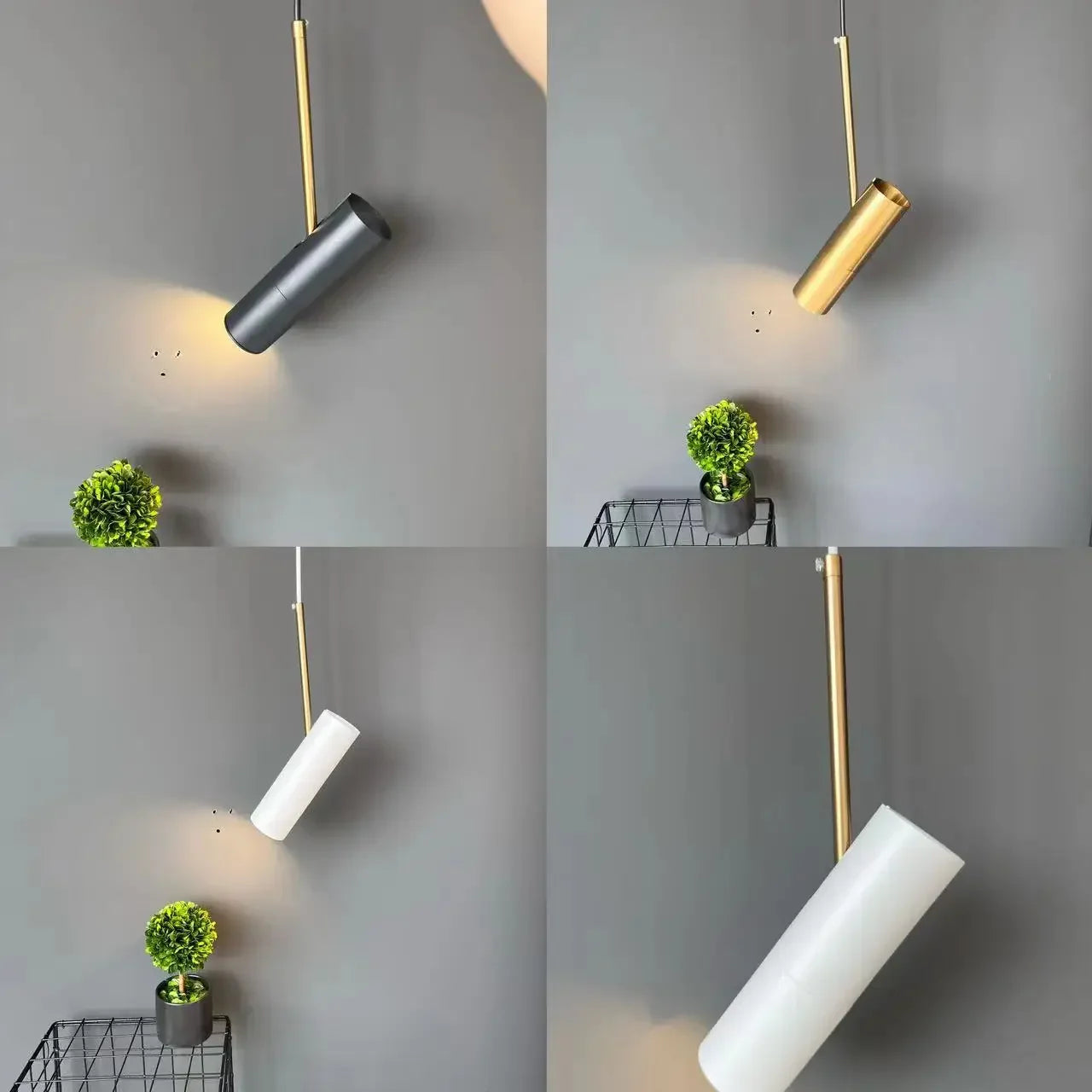 Moderne væglamper i sort, guld og hvid med justerbare hoveder, monteret på grå væg. Indretning, belysning, minimalistisk design.