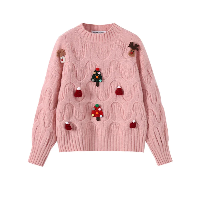 Lyserød julesweater med rensdyr- og juletræsmotiver, strikket i bølgemønster. Perfekt til vintermode og julefester. Unik og stilfuld design.