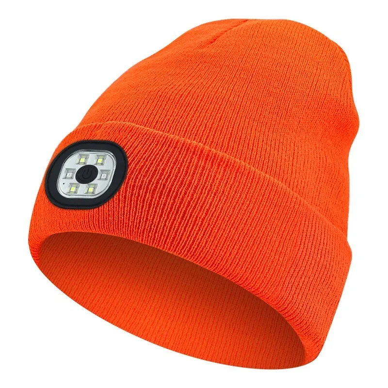 Orange hue LED pandelampe hue, ideel til udendørs aktiviteter. Strikket design med indbygget lys, perfekt til løb og camping i mørke.