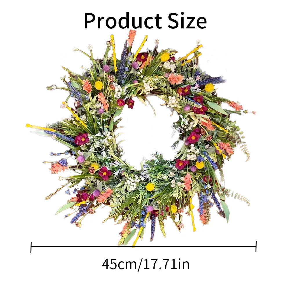Blomsterkrans 45 cm med farverige tørrede blomster, herunder lavendel, roser og vilde blomster. Perfekt til dørdekoration eller vægpynt.