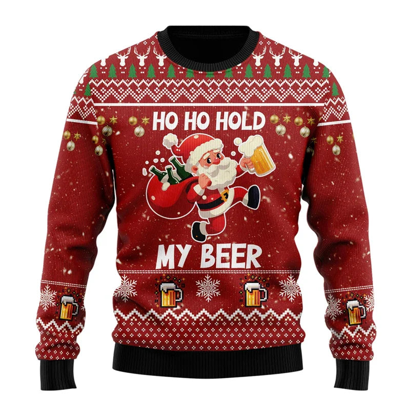 Rød julesweater med julemand, ølkrus og teksten "Ho Ho Hold My Beer". Perfekt til julefrokost og festligheder. Strikmønster med snefnug og klokker.