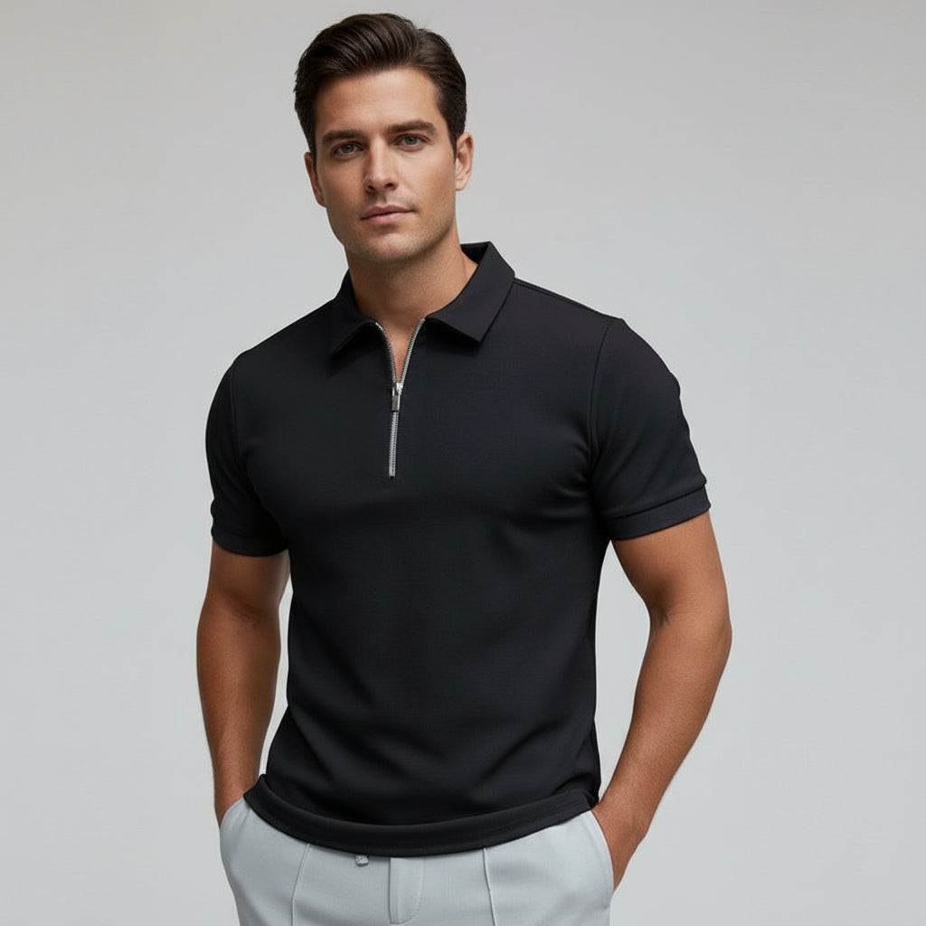 Patterned polo shirt for men with a zip collar