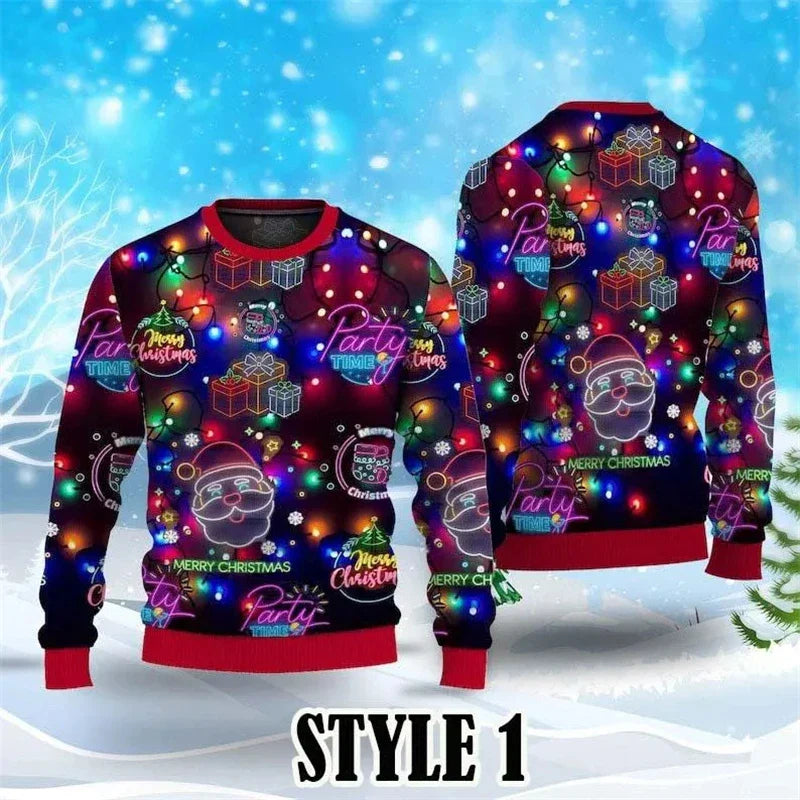 Julesweater med farverige lys, julemand, gaver og "Merry Christmas" tekst. Perfekt til julefester. Style 1.