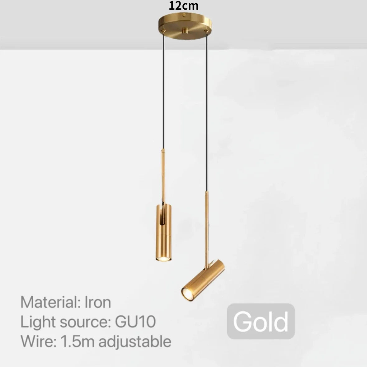 Guld pendellampe med to justerbare GU10 lyskilder, jernmateriale, 1,5m ledning, 12cm loftbeslag. Moderne belysning til stue eller køkken.