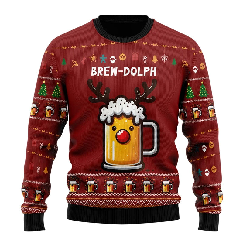Rød julesweater med ølkrus-design, rensdyrgevir og skum, tekst "Brew-Dolph". Perfekt til julefrokost, sjovt julemotiv, unisex striktrøje.