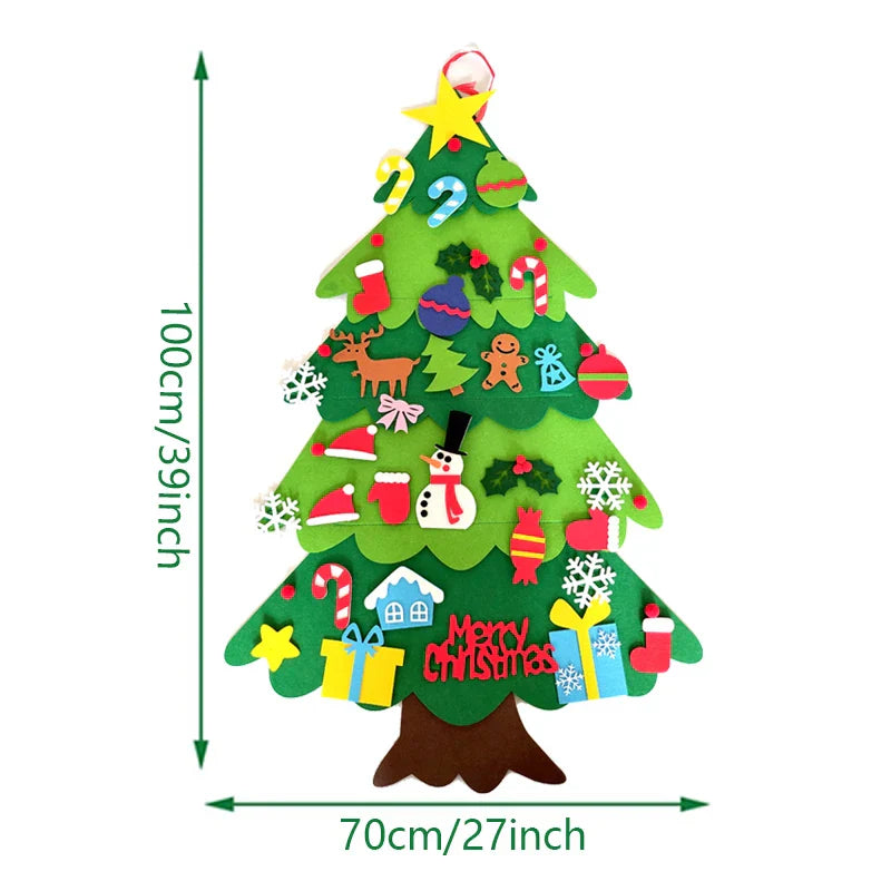 Børnevenligt juletræ i filt, 100 cm højt, med farverige pynt som snemænd, rensdyr og gaver. Perfekt til juledekoration og kreativ leg.