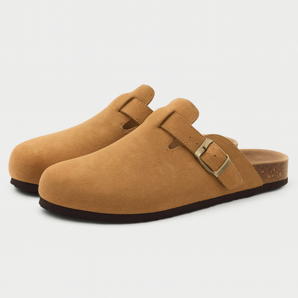 Brown Faux suede clogs Ergonomic footbed & adjustable buckle
