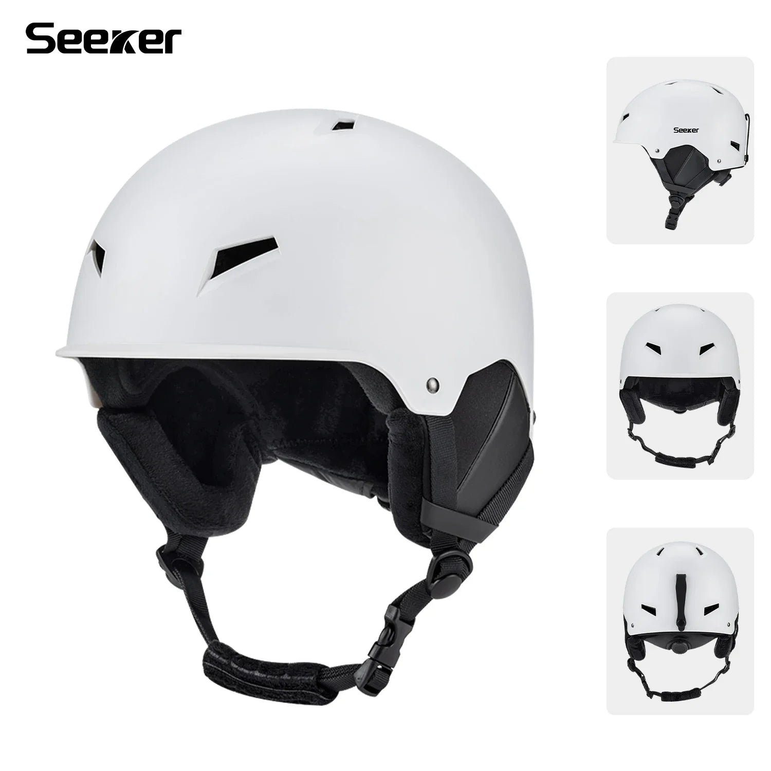 Hvid Seeker skihjelm med justerbar rem, ventilationshuller og polstret indre. Perfekt til vintersport og sikkerhed på pisterne.