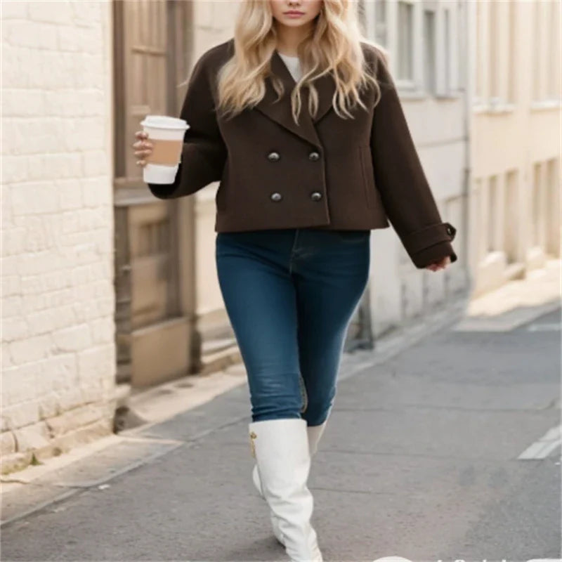 Ung kvinde i brunt jakke og blå jeans, går på gaden med en kaffekop i hånden. Mode, gadebillede, efterårstøj, hvide støvler.