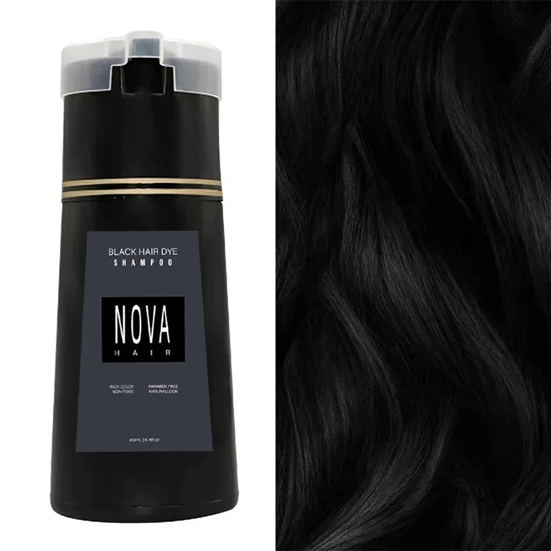 Sort hårfarve shampoo flaske med Nova Hair mærke ved siden af bølget sort hår. Hårpleje, farvebehandling, glansfuldt hår.