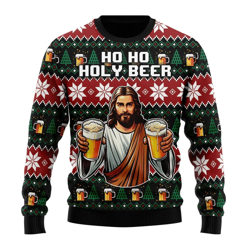 Julesweater med Jesus, der holder øl, tekst "Ho Ho Holy Beer", julemotiv med snefnug og ølkrus. Perfekt til sjov julefest eller gave.