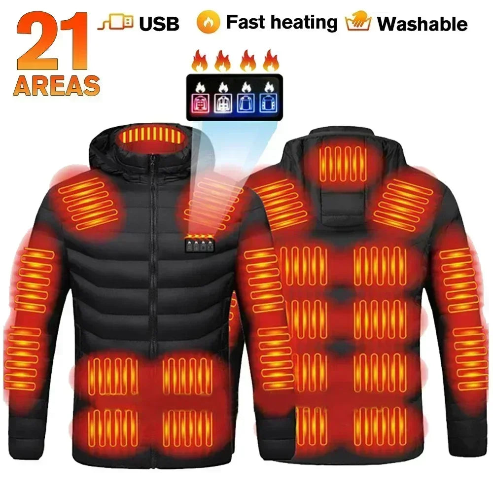 Opvarmet jakke med 21 varmezoner, USB-opladning, hurtig opvarmning og vaskbar. Perfekt til vinter, udendørs aktiviteter og koldt vejr.