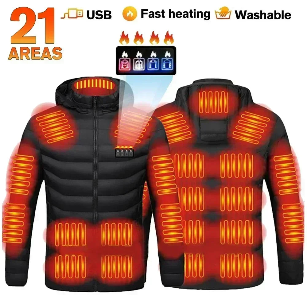 Opvarmet jakke med 21 varmezoner, USB-opladning, hurtig opvarmning og vaskbar. Perfekt til vinter, udendørs aktiviteter og koldt vejr.