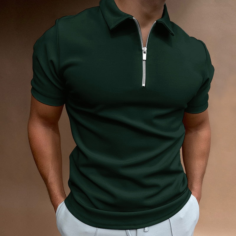 Patterned polo shirt for men with a zip collar