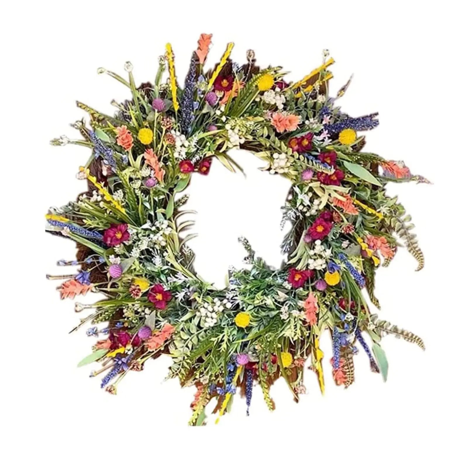 Farverig blomsterkrans med vilde blomster, lavendel og grønne blade på hvid baggrund. Perfekt til dekoration og festlig indretning.