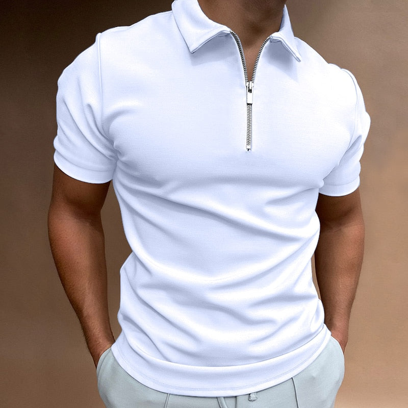 Patterned polo shirt for men with a zip collar