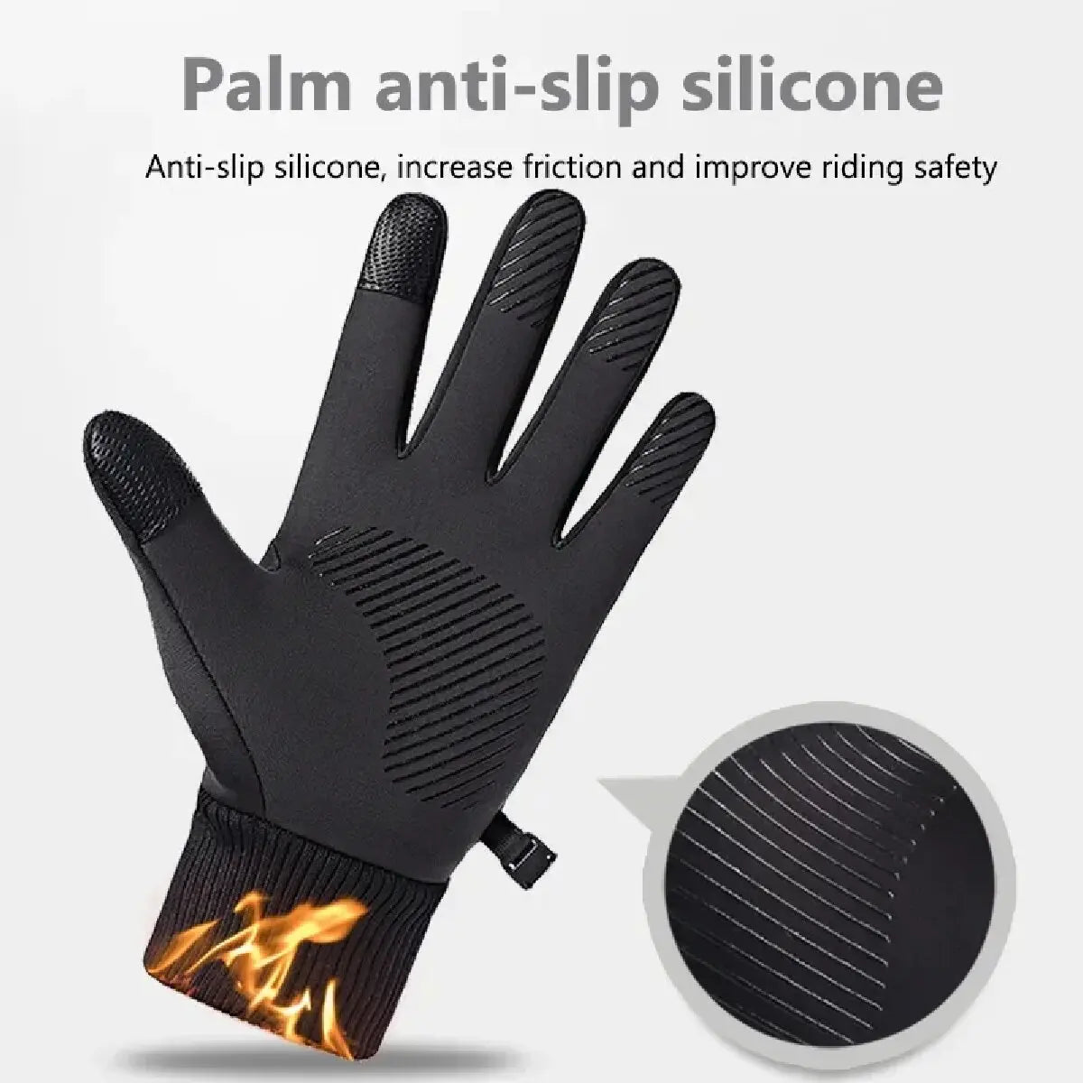 Sort cykelhandske med anti-slip silikone, øger friktion og sikkerhed. Ideel til cykling, varmeisoleret design, komfortabel pasform.