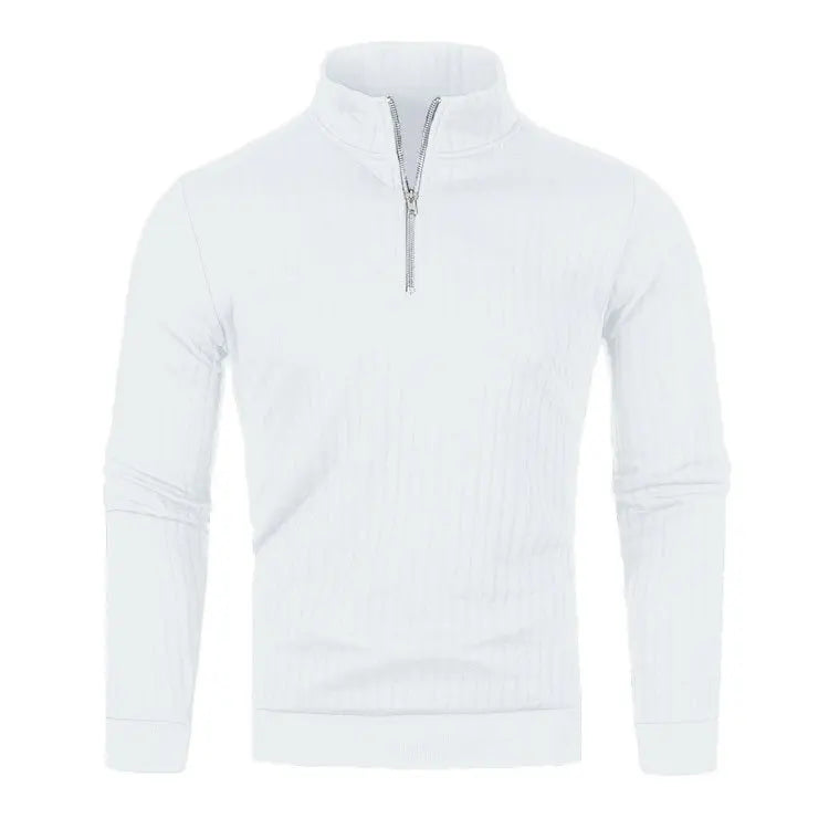 Hvid herretrøje med lynlås, langærmet og høj hals. Stilfuld og moderne design, perfekt til casual og formelle lejligheder.