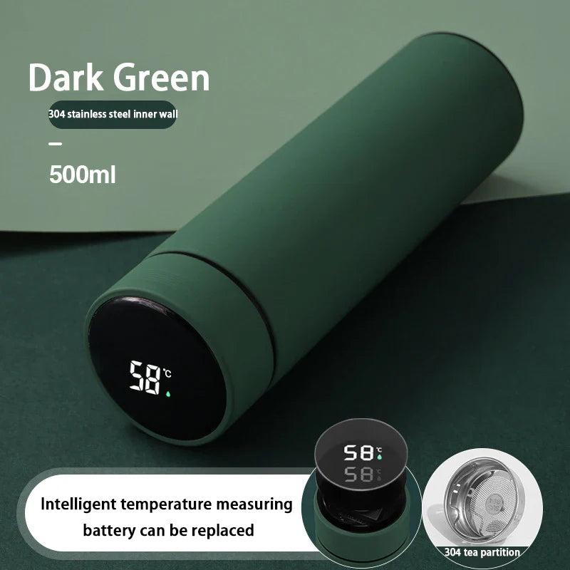 Mørkegrøn termoflaske 500ml med digital temperaturvisning, 304 rustfrit stål indvendigt, udskifteligt batteri, tefilter inkluderet.