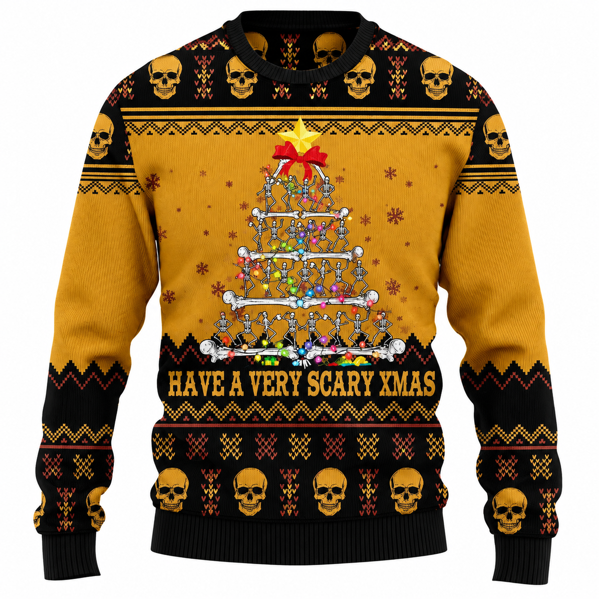 Camisola de Natal unissexo - camisola com motivo de árvore de Natal feita de caveiras, gorro de Pai Natal e flocos de neve